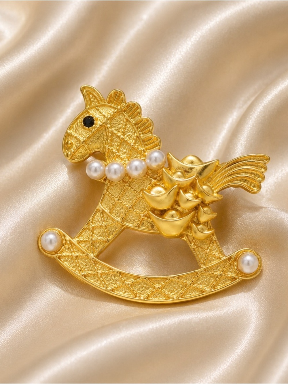 Vintage Gold Rocking Horse Brooch with Pearls